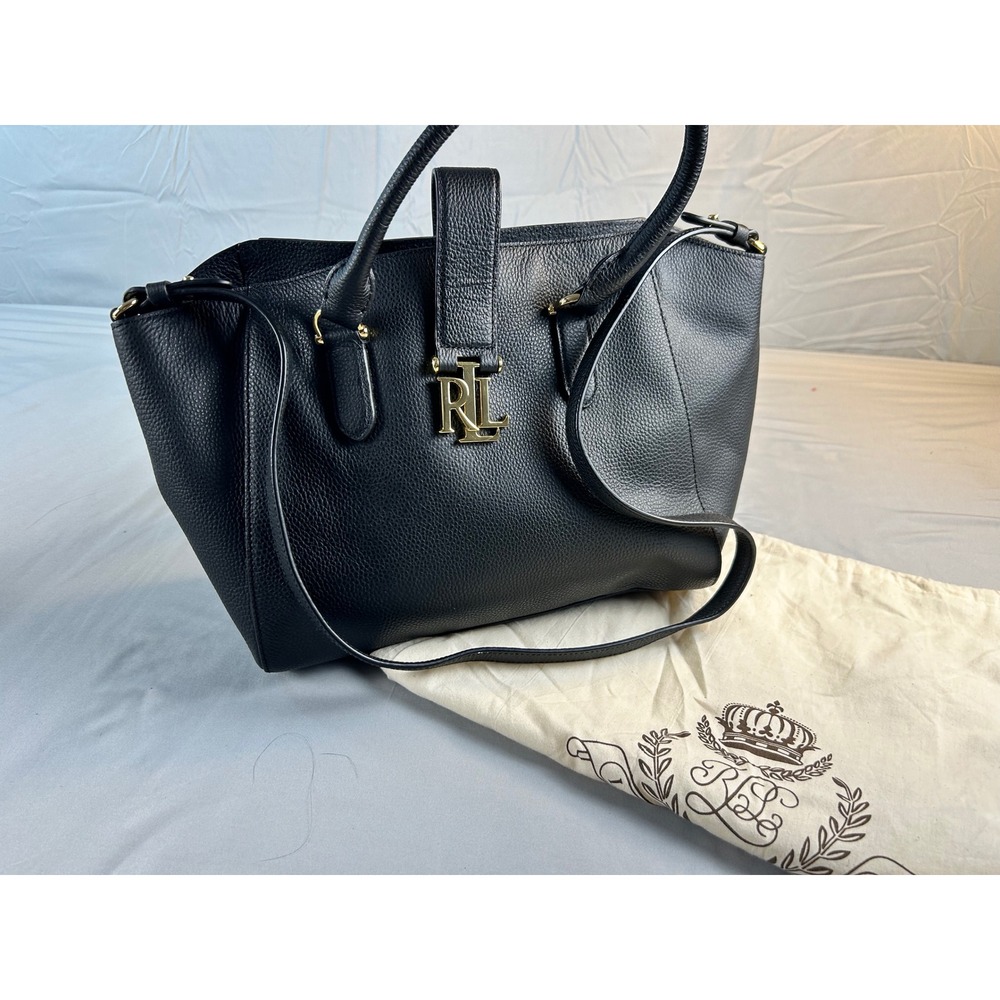 Lauren Ralph Lauren Marcy Black Pebbled Leather Satchel Bag Gold RL Logo Handbag